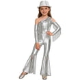 thumbnail image 1 of inlzdz Kids Girls 70s Hippie Dance Outfits One Shoulder Metallic Sequin Tassel Bell Bottom Jumpsuit and Hat Silver 14, 1 of 6
