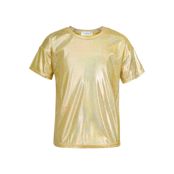 inlzdz Kids Girls Boys Glossy Metallic Jazz Hip Hop Dance Top Athletic Shiny T-Shirt Dancing Costume Gold 3-4