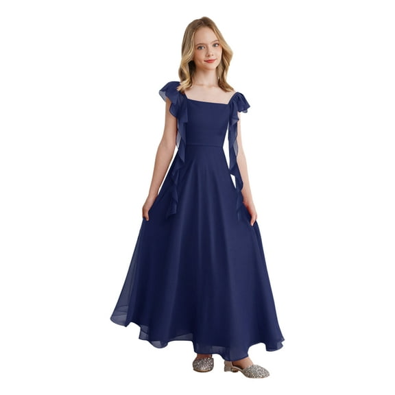 inlzdz Kids Girls Chiffon Bridesmaid Dress Square Neck Wedding Prom Formal Maxi Dress with Ruffles Dark Blue 12