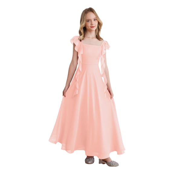 inlzdz Kids Girls Chiffon Bridesmaid Dress Square Neck Wedding Prom Formal Maxi Dress with Ruffles Orange Pink 8
