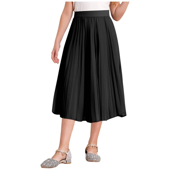 inlzdz Kids Girls Chiffon Pleated Elastic High Waist A-Line Flowy Swing Maxi Long Skirt Casual Wear Black 110