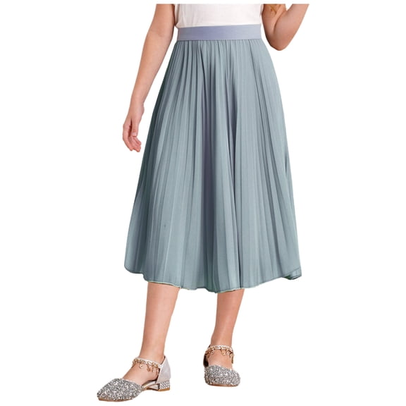 inlzdz Kids Girls Chiffon Pleated Elastic High Waist A-Line Flowy Swing Maxi Long Skirt Casual Wear Gray 140