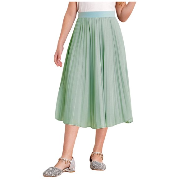 inlzdz Kids Girls Chiffon Pleated Elastic High Waist A-Line Flowy Swing Maxi Long Skirt Casual Wear Green 130