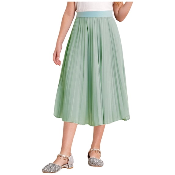 inlzdz Kids Girls Chiffon Pleated Elastic High Waist A-Line Flowy Swing Maxi Long Skirt Casual Wear Green 150