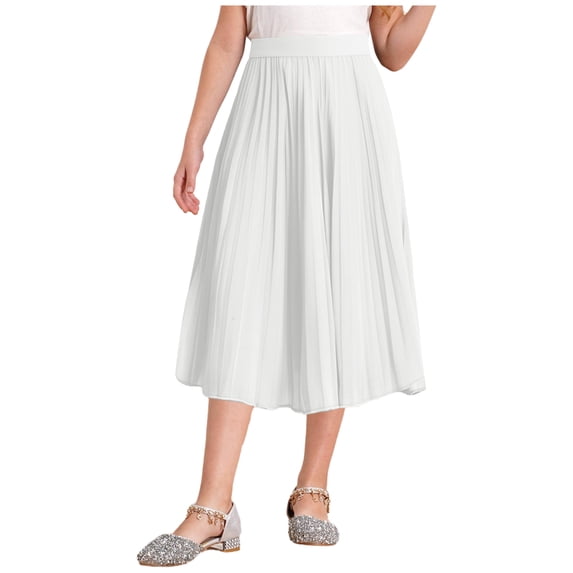 inlzdz Kids Girls Chiffon Pleated Elastic High Waist A-Line Flowy Swing Maxi Long Skirt Casual Wear White 110