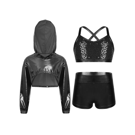 inlzdz Kids Girls Cropped Hoodie Sweatshirt Sequin Top with Metallic Shorts 3 Piece Hip Hop Jazz Dance Outfit Black 12