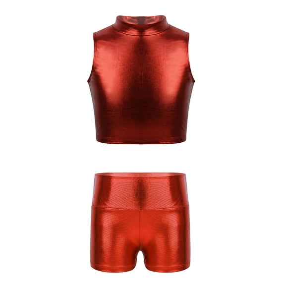 inlzdz Kids Girls Dance Outfits Mock Neck Crop Top with Metallic Shorts Set 2 Piece for Hip Hop Jazz Red 12