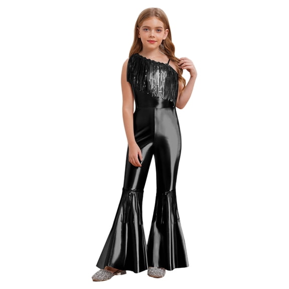 inlzdz Kids Girls Disco Outfit Off Shoulder Metallic Flare Jumpsuit Sequin Fringe Formal Dance Romper Black 6