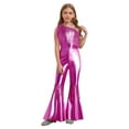 thumbnail image 1 of inlzdz Kids Girls Disco Outfit Off Shoulder Metallic Flare Jumpsuit Sequin Fringe Formal Dance Romper Hot Pink 14, 1 of 5