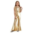 thumbnail image 1 of inlzdz Kids Girls Disco Outfit Off Shoulder Metallic Flare Jumpsuit Sequin Fringe Formal Dance Romper Light Gold 10, 1 of 7