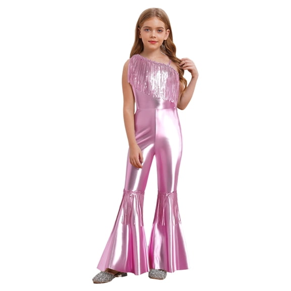 inlzdz Kids Girls Disco Outfit Off Shoulder Metallic Flare Jumpsuit Sequin Fringe Formal Dance Romper Pink 8