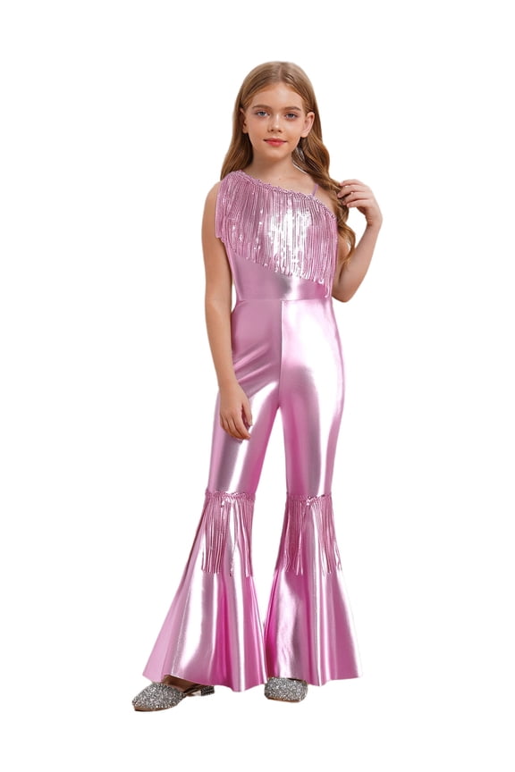Kids Girls Disco Outfit Off Shoulder Metallic Flare Jumpsuit Sequin Fringe Formal Dance Romper Pink 8