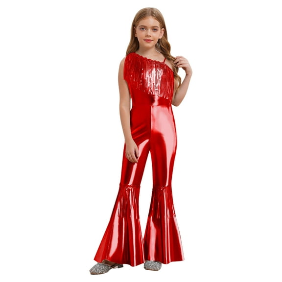 inlzdz Kids Girls Disco Outfit Off Shoulder Metallic Flare Jumpsuit Sequin Fringe Formal Dance Romper Red 16