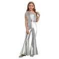 thumbnail image 1 of inlzdz Kids Girls Disco Outfit Off Shoulder Metallic Flare Jumpsuit Sequin Fringe Formal Dance Romper Silver 8, 1 of 5