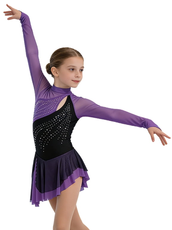 Kids Girls Figure Ice Skating Dance Dress Rhythmic Gymnastics Ballet Skirted Leotard Competition Dancewear Purple 16