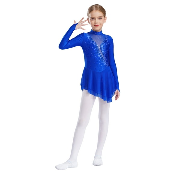 inlzdz Kids Girls Figure Ice Skating Dance Dress Shiny Gymnastic Leotard with Skirt Long Sleeve Blue 10