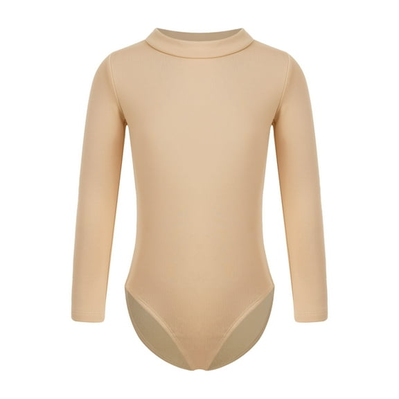 inlzdz Kids Girls Fleece Long Sleeve Nude Leotard for Gymnastics Ballet Dance Bodysuits Unitard Mock Neck 130