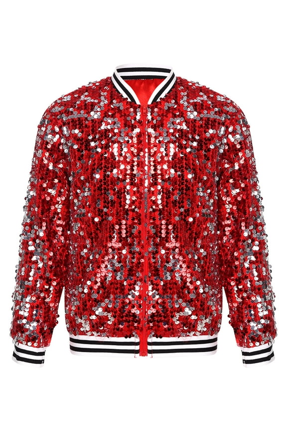 Kids Girls Flip Sequin Baseball Jacket Coat Sparkly Bomber Jacket Long Sleeve Zipper Festival Performance Blazer Jacket Red 6