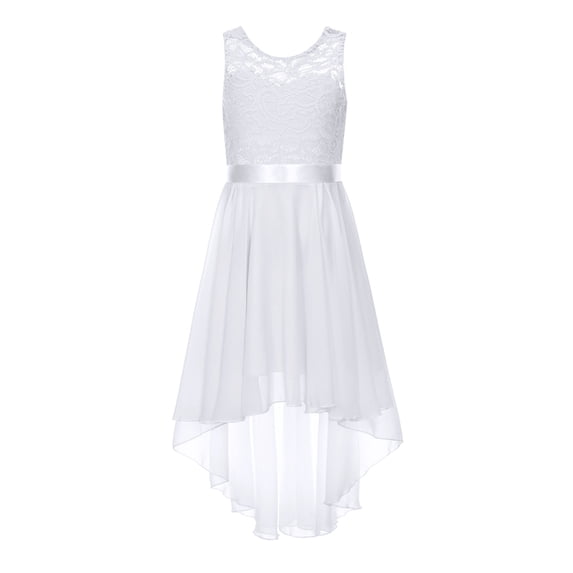 inlzdz Kids Girls Floral Lace V Neck Junior Bridesmaid High Low Dress Wedding Party Pageant Ball Gown White 8