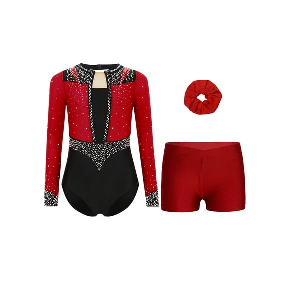 inlzdz Kids Girls Gymnastics Dance Leotard Figure Skating Outfit Long Sleeve Training Jumpsuit Burgundy 6