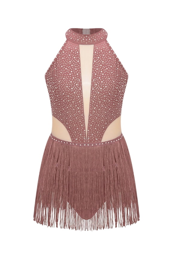 Kids Girls Gymnastics Leotard Lyrical Dancewear Shiny Rhinestone Latin Jazz Ballet Dance Dusty Pink 16