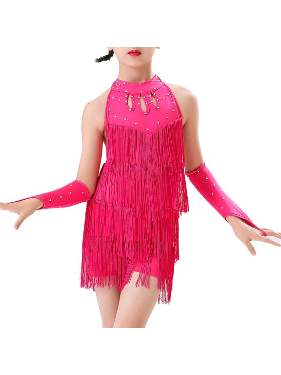 Kids Girls Halter Backless Tassel Latin Salsa Samba Rumba Tango Dance Dress with Gloves Hot Pink 120