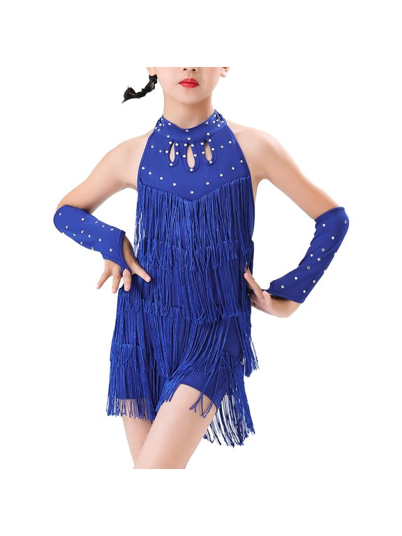 Kids Girls Halter Backless Tassel Latin Salsa Samba Rumba Tango Dance Dress with Gloves Royal Blue 130