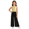 thumbnail image 1 of inlzdz Kids Girls Hip Hop Dance Outfits Retro 70s 80s Rock Disco Jumpsuit Flowy Mesh Overlay Pants Romper Gold 8, 1 of 7