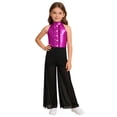 thumbnail image 1 of inlzdz Kids Girls Hip Hop Dance Outfits Retro 70s 80s Rock Disco Jumpsuit Flowy Mesh Overlay Pants Romper Hot Pink 10, 1 of 7