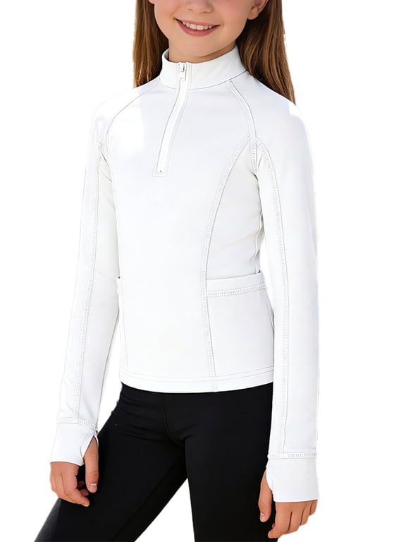 Kids Girls Horse Riding Shirts Long Sleeve Half Zip Athletic Shirt for Equestrian Show Outdoor Cycling Jacket White 4