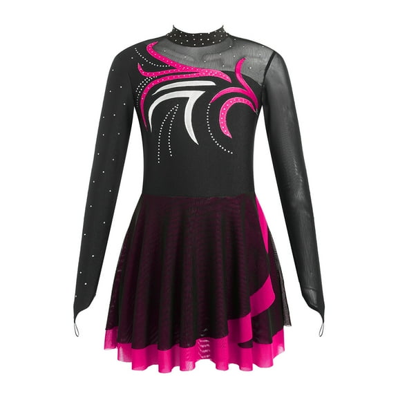 inlzdz Kids Girls Ice Figure Skating Dress Long Sleeve Ballet Dance Tutu Dress Gymnastics Leotard Hot Pink 12
