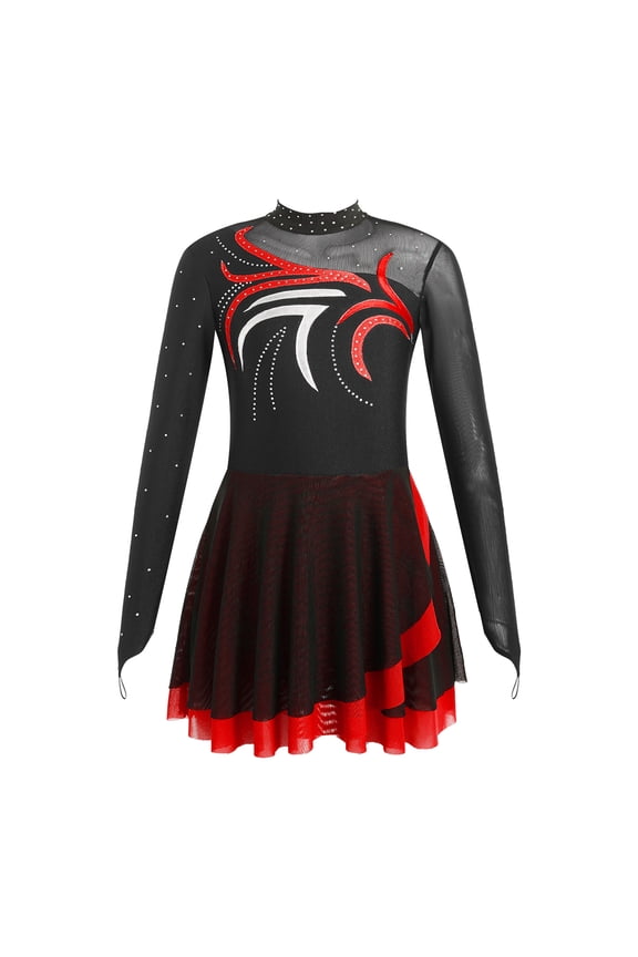 Kids Girls Ice Figure Skating Dress Long Sleeve Ballet Dance Tutu Dress Gymnastics Leotard Red 10