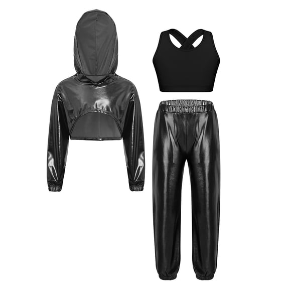 inlzdz Kids Girls Jazz Hip Hop Dance Outfits Metallic Long Sleeve Hoodie Sport Vest And Sweatpants Dancewear Black 14