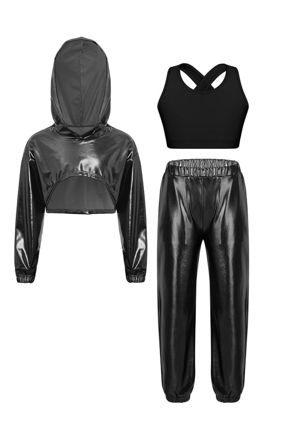 Kids Girls Jazz Hip Hop Dance Outfits Metallic Long Sleeve Hoodie Sport Vest And Sweatpants Dancewear Black 14