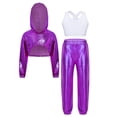 thumbnail image 1 of inlzdz Kids Girls Jazz Hip Hop Dance Outfits Metallic Long Sleeve Hoodie Sport Vest And Sweatpants Dancewear Purple 14, 1 of 6