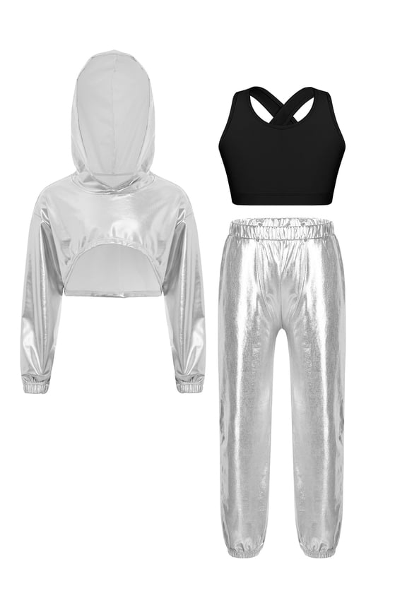 Kids Girls Jazz Hip Hop Dance Outfits Metallic Long Sleeve Hoodie Sport Vest And Sweatpants Dancewear Silver Black 6