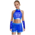 thumbnail image 1 of inlzdz Kids Girls Jazz Latin Dance Outfits Sequin Halter Crop Tops with Shorts Tassel Gloves Dancewear Blue 16, 1 of 7