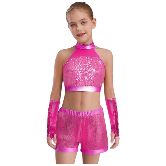 inlzdz Kids Girls Jazz Latin Dance Outfits Sequin Halter Crop Tops with Shorts Tassel Gloves Dancewear Hot Pink 8