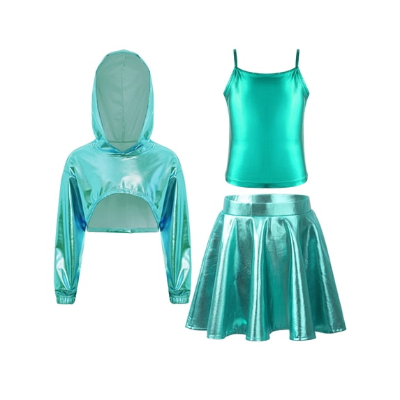 inlzdz Kids Girls Jazz Latin Hip Hop Dance Outfit Long Sleeve Metallic Shiny Hoodie Crop Top Vest with Skirt Set Light Green 10