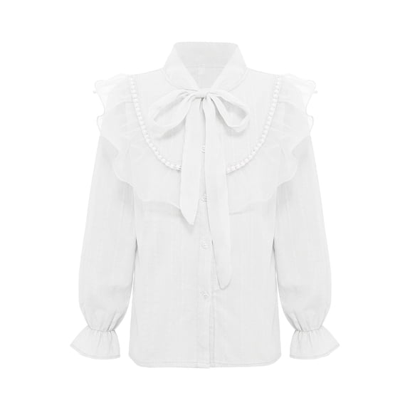 inlzdz Kids Girls Long Sleeve Button Down Blouse Tops Solid Color Ruffle Princess Bowknot Collar Formal Dress Shirts White 120