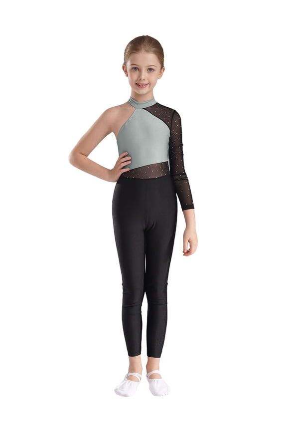 Kids Girls Long Sleeve Full Body Unitard Catsuit Colorblock Dance Ballet Gymnastics Leotard Gray 6