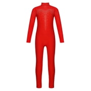 inlzdz Kids Girls Long Sleeve Rhinestone Gymnastic Leotard Full Body Unitard Figure Skating Jumpsuit Red 6