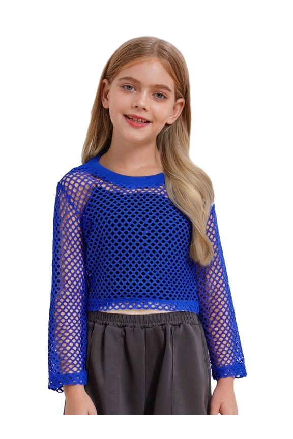 Kids Girls Long Sleeve T-Shirt Hollow Out Crop Top Round Neck Street Hip Hop Dance Tees Skateboarding Clothes Blue 170