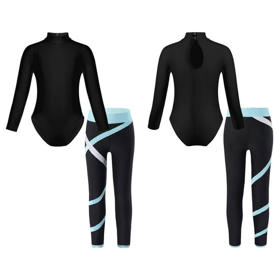 inlzdz Kids Girls Long Sleeves Gymnastics Leotards Leggings Dancewear Athletic Ballet Dance Leotards Light Blue XL