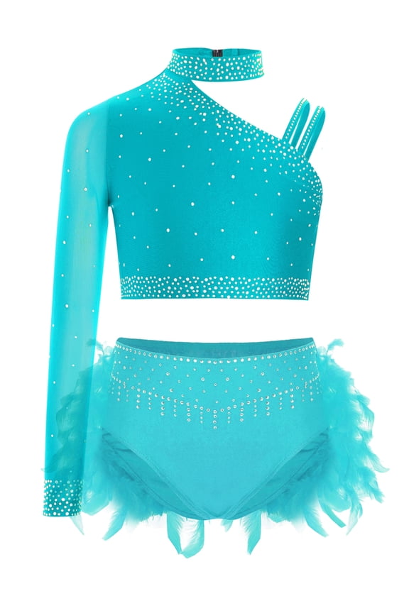 Kids Girls Lyrical Ballet Jazz Dance Outfit 2 Pieces Shiny Gymnastics Crop Top+Sparkly Skirted Blue Green 6