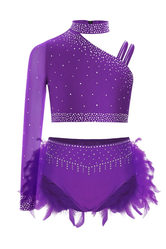 Kids Girls Lyrical Ballet Jazz Dance Outfit 2 Pieces Shiny Gymnastics Crop Top+Sparkly Skirted Purple 8