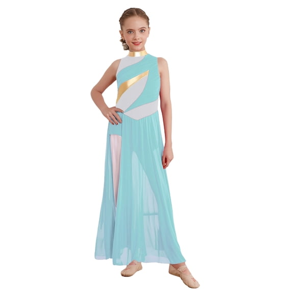 inlzdz Kids Girls Lyrical Dance Dress Halter Sleeveless Overlay Chiffon Tulle Skirt Contemporary Dancewear Light Blue 12