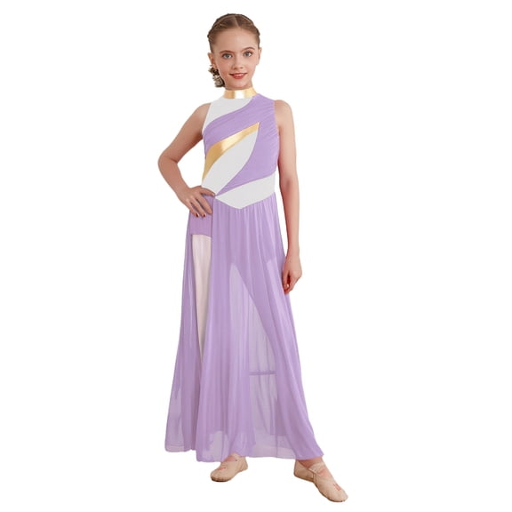 inlzdz Kids Girls Lyrical Dance Dress Halter Sleeveless Overlay Chiffon Tulle Skirt Contemporary Dancewear Purple 8