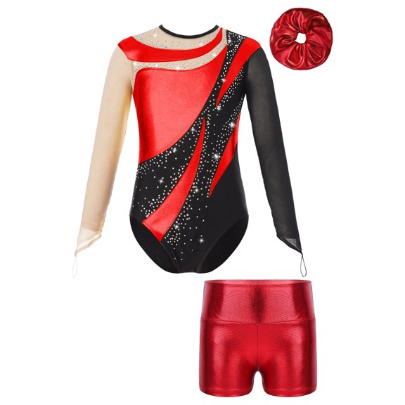 inlzdz Kids Girls Mesh Long Sleeve Shiny Rhinestone Gymnastic Dance Leotard Unitard with Metallic Red 6
