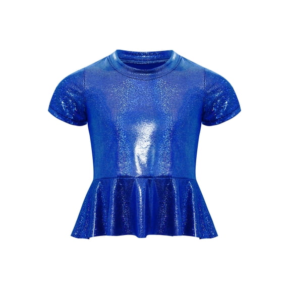 inlzdz Kids Girls Metallic Ruffle Hem Crop Top Short Sleeve Round Neck Tee Shirt Rave Festival Jazz Dance Top Blue 120